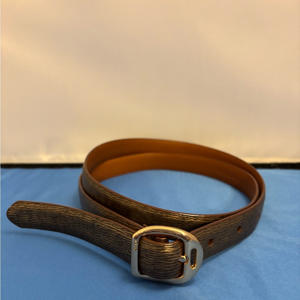 Lauren Ralph Lauren leather belt with gold toned buckle. Some distressed marks.
